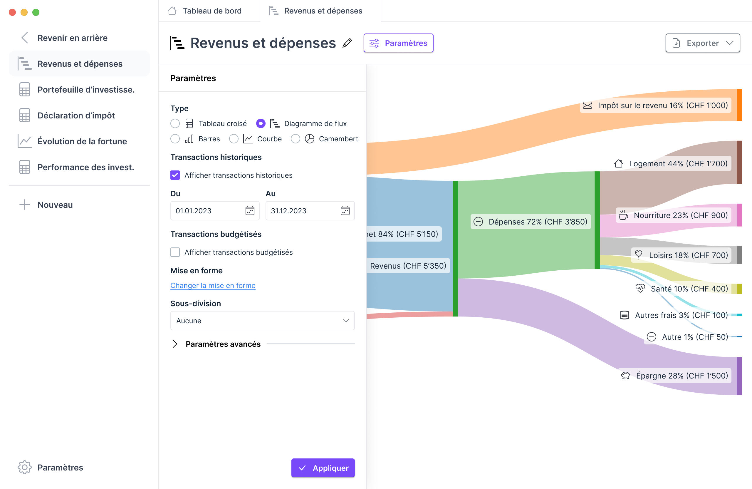 Options du rapport du type graphique de flux